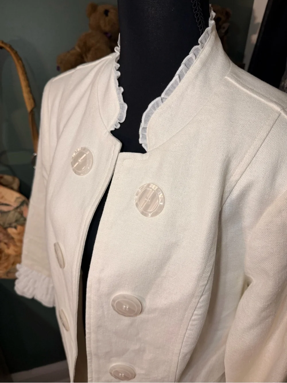 Women’s Linen Cream Double-Breasted Ruffle Cuff Coat Size M Boho Cottagecore